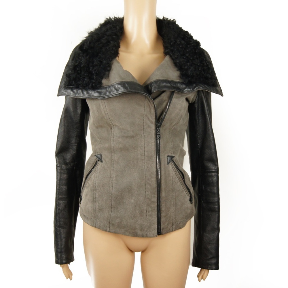 Vintage 2000s Danier Slate Grey Suede Black Fur Trim Collar Leather Jacket